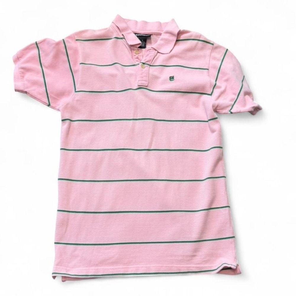 Vintage Y2K Carbon Pink & Green Striped Polo Shirt, Men's Size M